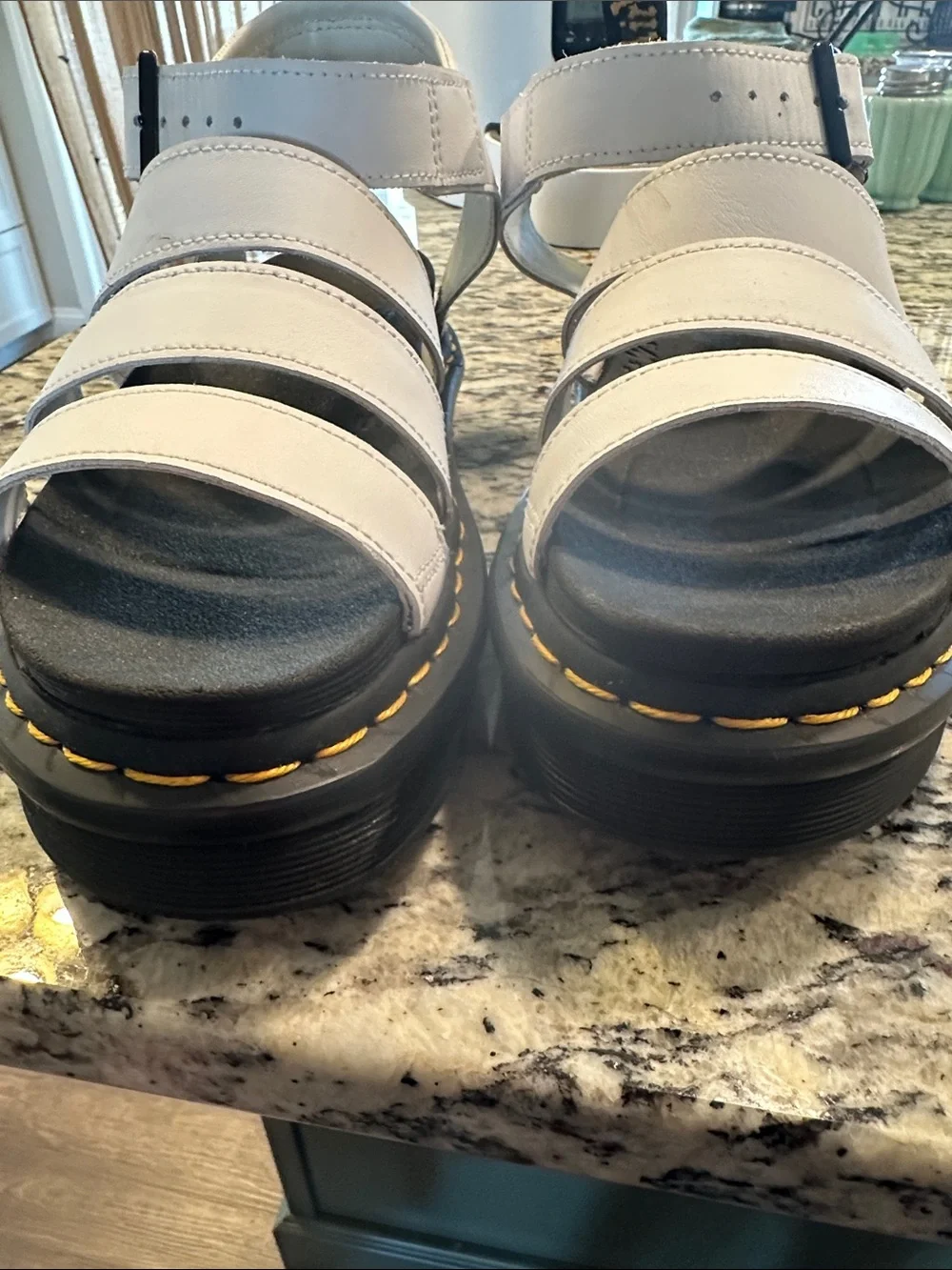 Dr. Martens White Triple-Strap Sandals with Yellow Welt Stitching